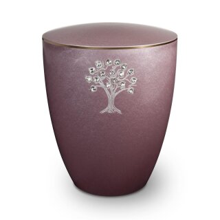Urne Genesis Gravur Lebensbaum mit Strassstein-Herzen Flieder mit Dekorring Gold 3mm
