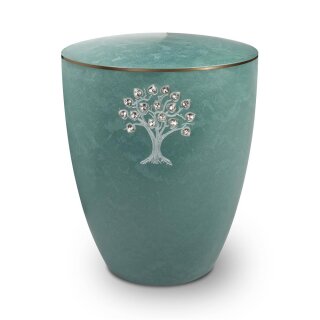 Urne Genesis Gravur Lebensbaum mit Strassstein-Herzen Jade mit Dekorring Gold 3mm