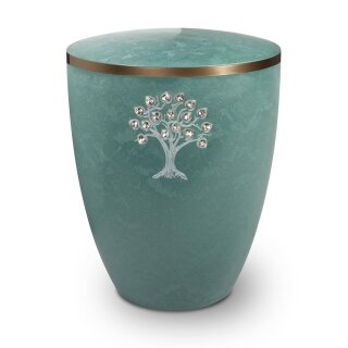 Urne Genesis Gravur Lebensbaum mit Strassstein-Herzen Jade mit Dekorring Gold 9mm