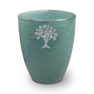Urne Genesis Gravur Lebensbaum mit Strassstein-Herzen Jade mit Dekorring Silber 3mm