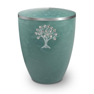 Urne Genesis Gravur Lebensbaum mit Strassstein-Herzen Jade mit Dekorring Silber 9mm