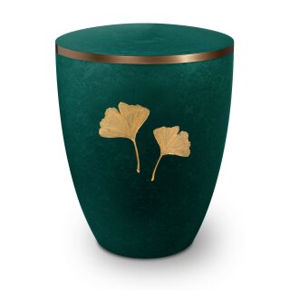 Urne Genesis Gravur Ginkgoblatt Gr&uuml;n mit Dekorring Gold 9mm