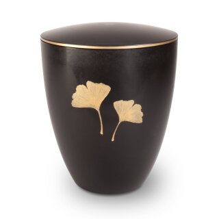 Urne Genesis Gravur Ginkgoblatt Schwarz mit Dekorring Gold 3mm