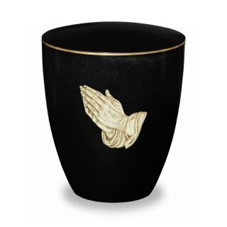 Urne Genesis mit Applikation Betende H&auml;nde auf Schwarz mit Dekorring Gold 3mm