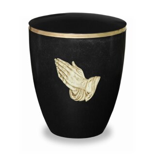 Urne Genesis mit Applikation Betende H&auml;nde auf Schwarz mit Dekorring Gold 9mm