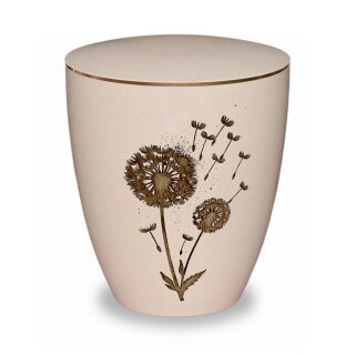 Urne Genesis Gravur Pusteblume Cremewei&szlig; mit Dekorring Gold 3mm