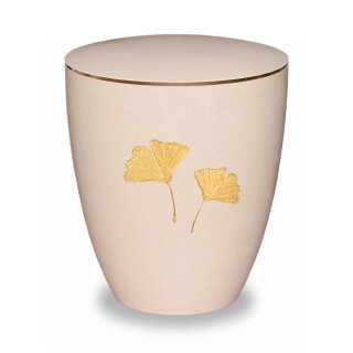 Urne Genesis Gravur Cremewei&szlig; Ginkgoblatt Gold mit Dekorring Gold 3mm