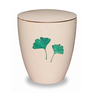 Urne Genesis Gravur Cremewei&szlig; Ginkgoblatt Gr&uuml;n mit Dekorring Gold 3mm