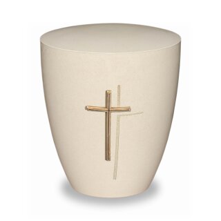 Urne Genesis Cremewei&szlig; mit Applikation Kreuz Anthik