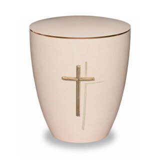 Urne Genesis Cremewei&szlig; mit Applikation Kreuz Anthik mit Dekorring Gold 3mm