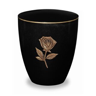 Urne Genesis Schwarz mit Applikation Rose Braun mit Dekorring Gold 3mm