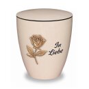 Urne Genesis Cremewei&szlig; mit Applikation Rose und Gravur "In Liebe" Gold mit Dekorring Silber 3mm