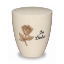 Urne Genesis Cremewei&szlig; mit Applikation Rose und Gravur "In Liebe" Gold mit Dekorring Silber 9mm
