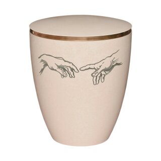 Urne Genesis Gravur Hand to Hand Cremewei&szlig; mit Dekorring Gold 9mm