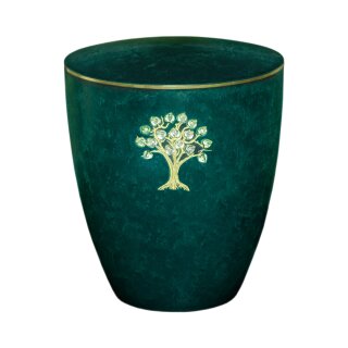 Urne Genesis Gravur Lebensbaum mit Strassstein-Herzen Gr&uuml;n mit Dekorring Gold 3mm