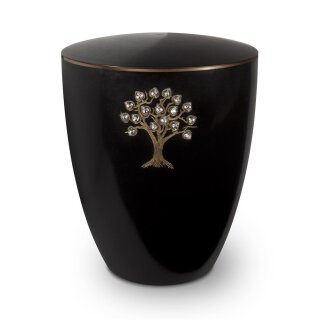 Urne Genesis Gravur Lebensbaum mit Strassstein-Herzen Schwarz mit Dekorring Gold 3mm