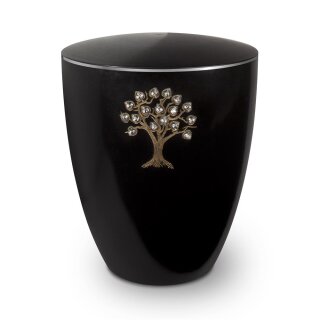 Urne Genesis Gravur Lebensbaum mit Strassstein-Herzen Schwarz mit Dekorring Silber 3mm