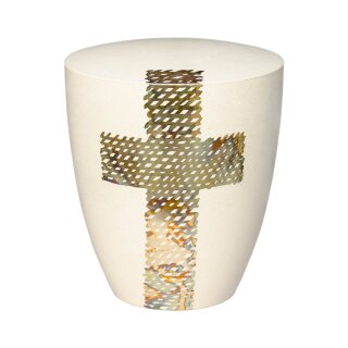 Urne Genesis Cremewei&szlig; mit Design Kreuz blau
