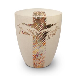 Urne Genesis Gravur Hand to Hand und Design Kreuz Cremewei&szlig;